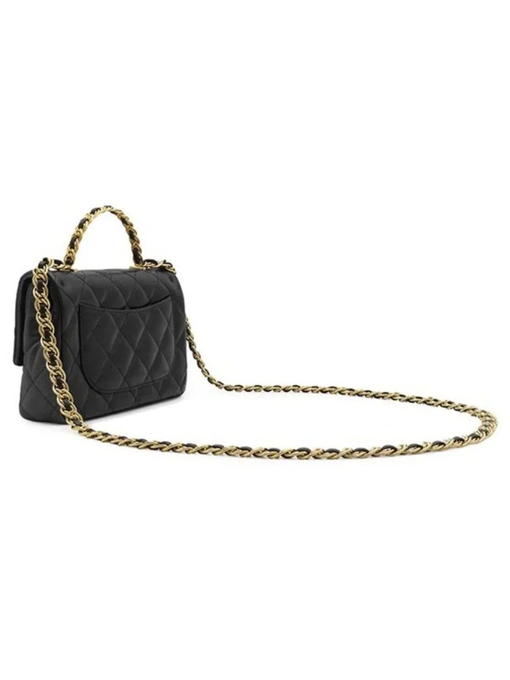 Chanel 2-Way Bag Small Top Handle Flap Lambskin Shiny Black Gold Handbag
